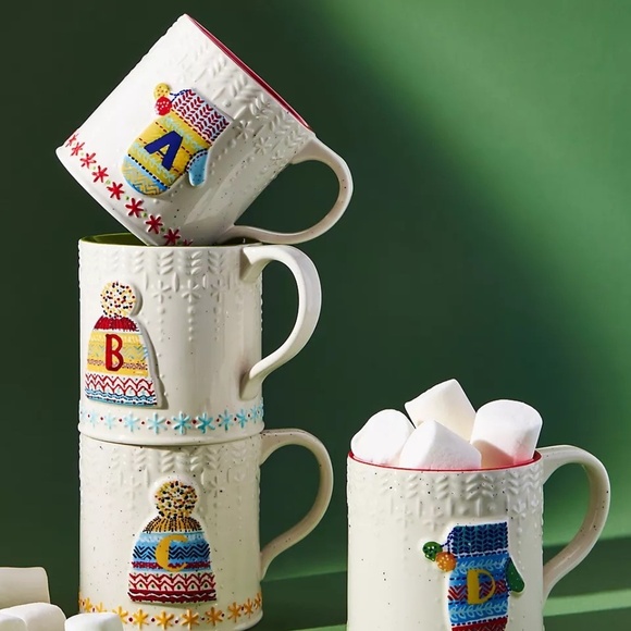 NIB Anthropologie Bundled Up Monogram Holiday Christmas Mug Letter T - Picture 1 of 2